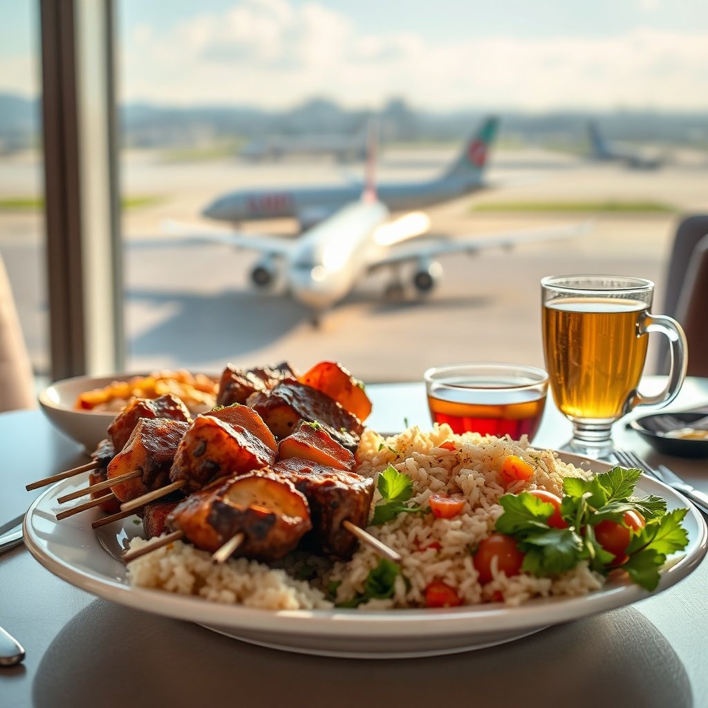 Plate of traditional Turkish kebab and rice served at a restaurant in Istanbul airport.