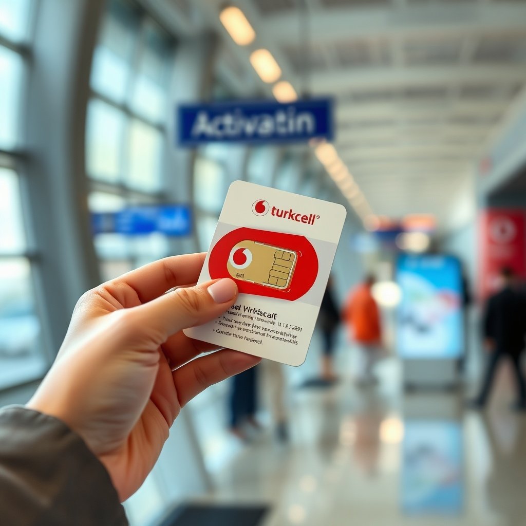 Close-up of a newly purchased Istanbul Airport SIM card with Turkcell branding and activation instructions