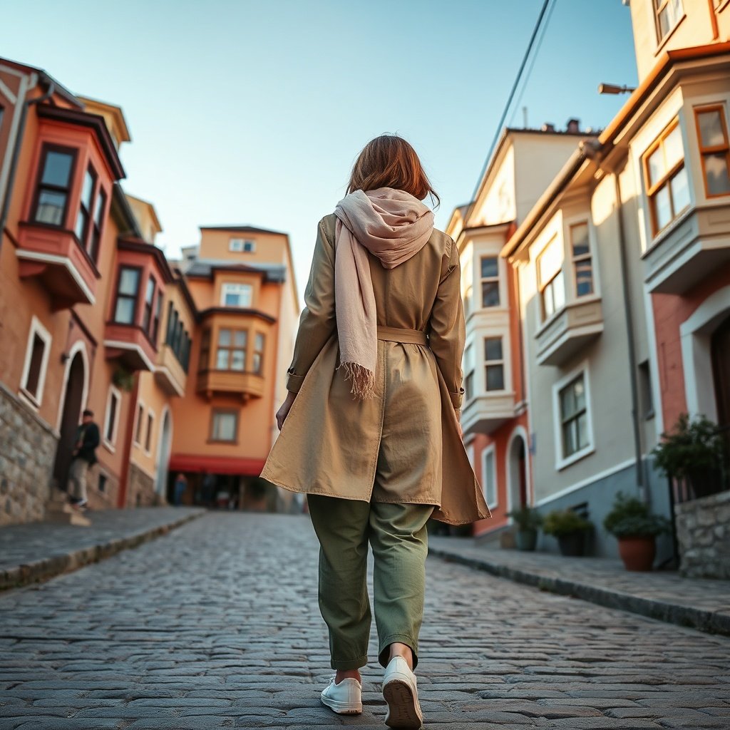 A traveler wearing modest layered clothing and comfortable walking shoes explores a colorful cobblestone street, illustrating what to wear from an Istanbul packing list.