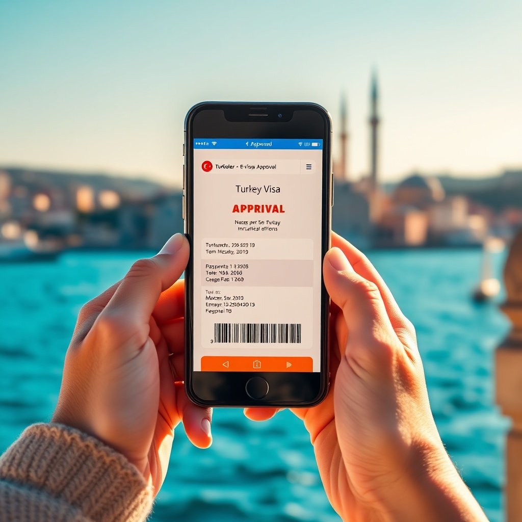 Approved Turkey visa on smartphone with Hagia Sophia background symbolizing Turkey visa requirements success