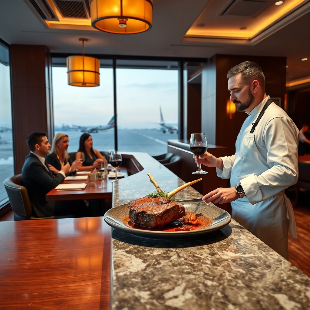 Istanbul Airport food and dining guide showcasing a Michelin‑starred Turkish steakhouse lounge with elegant plating