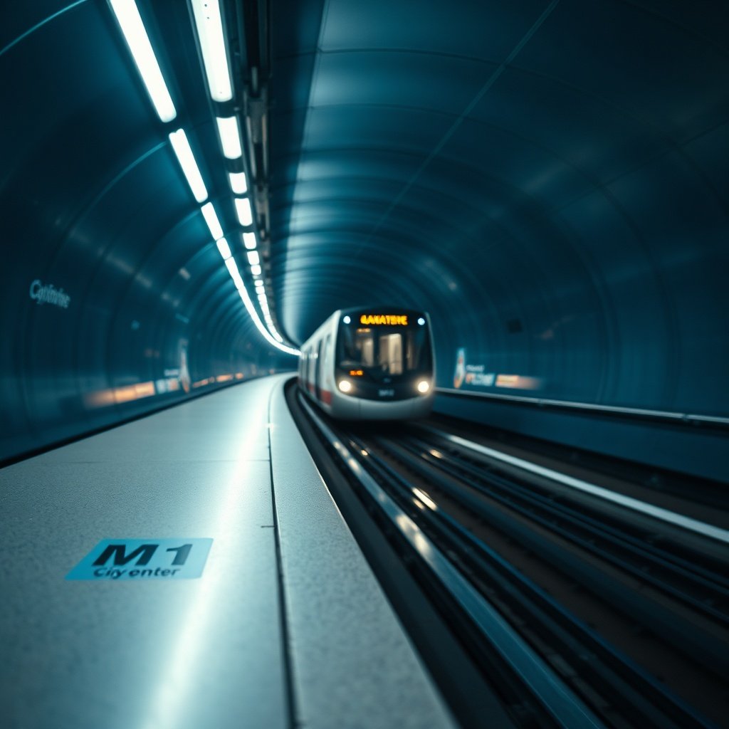 Dynamic view of the Istanbul Airport Metro M11 line traveling through an underground tunnel toward Gayrettepe station, ensuring a predictable journey to central Istanbul.