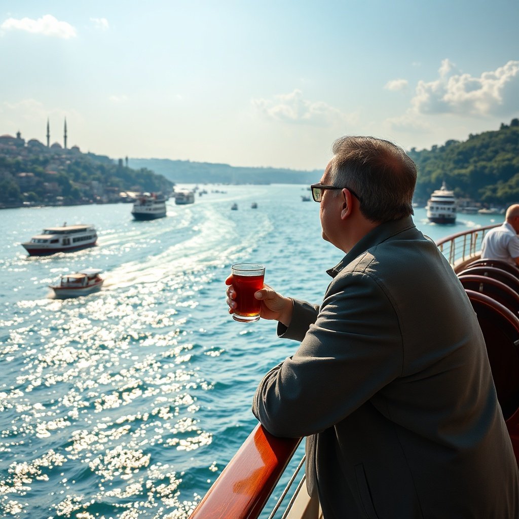 A passenger enjoying a Bosphorus cruise during an extended Istanbul layover itinerary, showcasing dual-continent shorelines, traditional ferry traffic, and relaxed stopover atmosphere