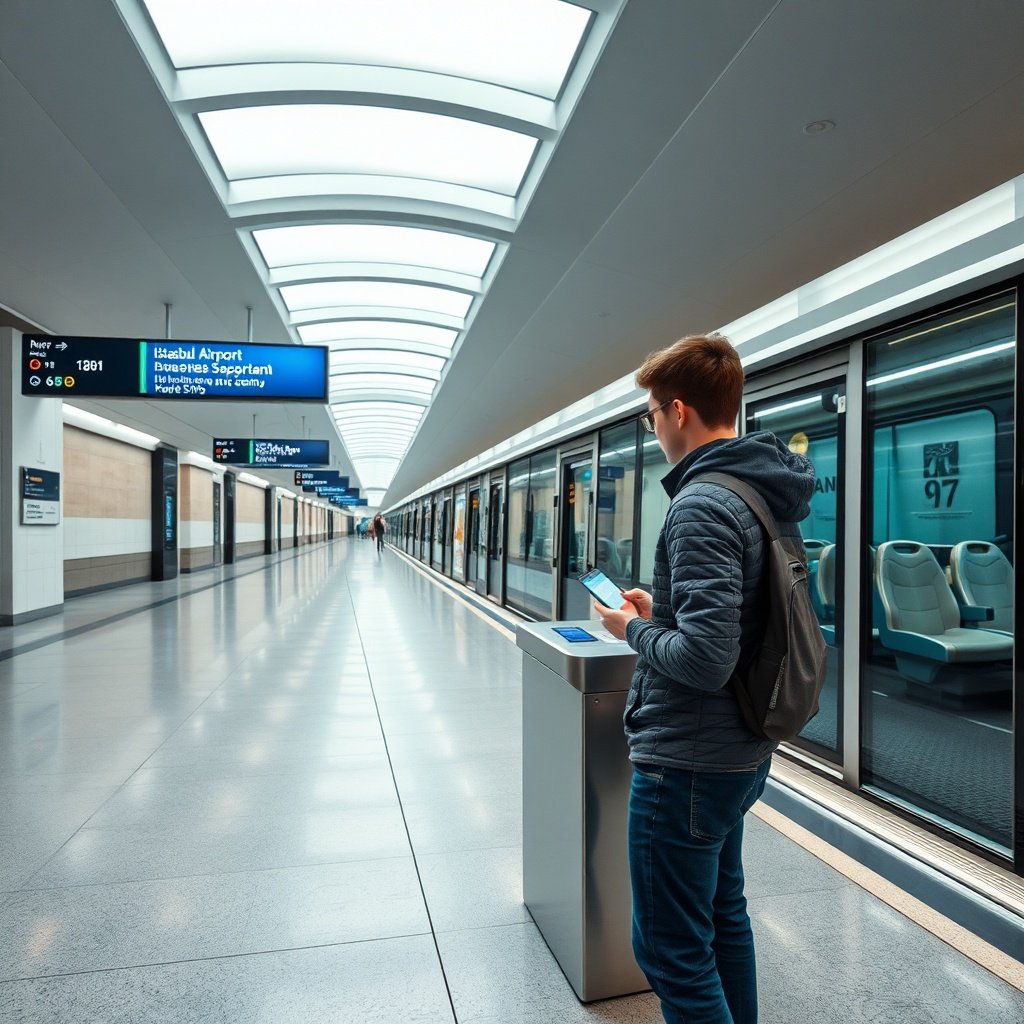 A commuter using an Istanbulkart at the modern metro platform, guiding visitors on the istanbul airport to city center cheapest way via the efficient rail network.