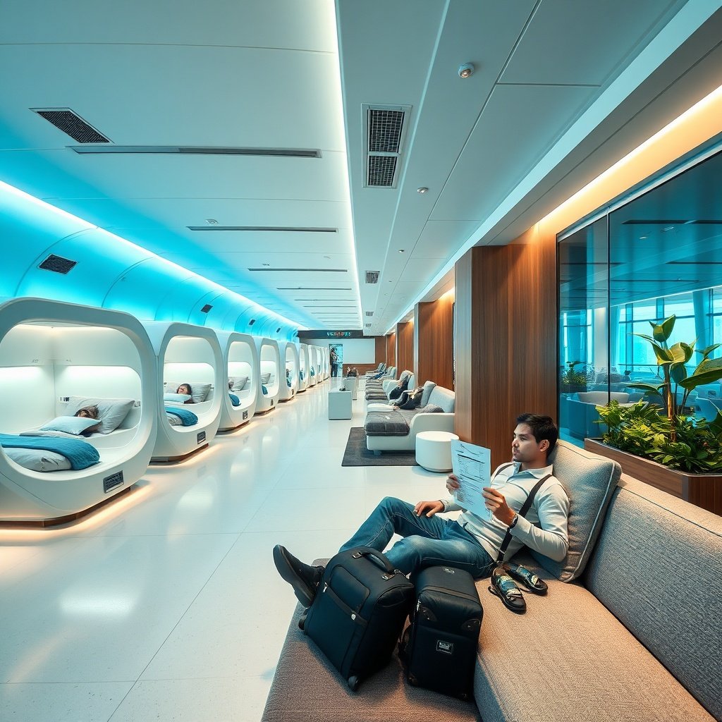 Spacious modern airport lounges and rest pods offering comfortable transit alternatives, perfect for travelers opting to stay inside during an Istanbul airport 8 hour layover.