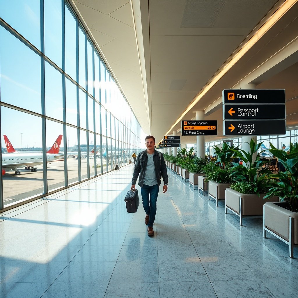 A passenger following clear wayfinding through the departure concourse toward passport control and boarding gates, capturing the seamless flow of an ist departure experience.