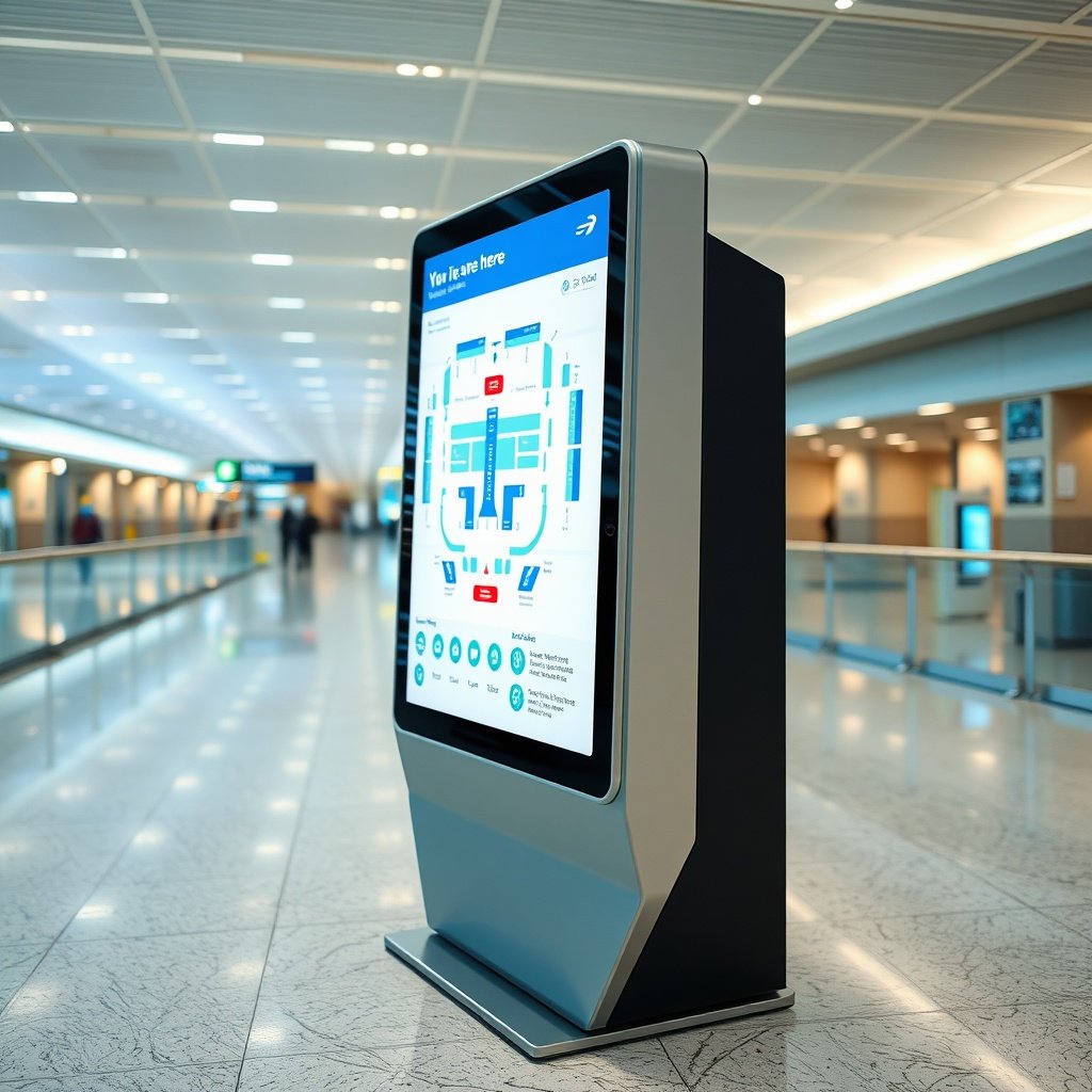 Interactive digital kiosk displaying the Istanbul Airport Terminal Map with color-coded domestic and international zones, assisting travelers in locating gates and estimating transfer times.