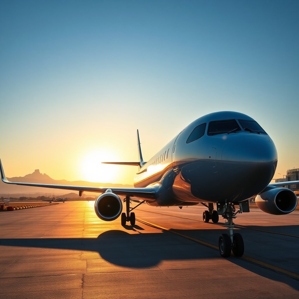Commercial aircraft taxiing at sunrise with Cappadocia’s rocky horizon in view, representing convenient and fast Istanbul to Cappadocia flights