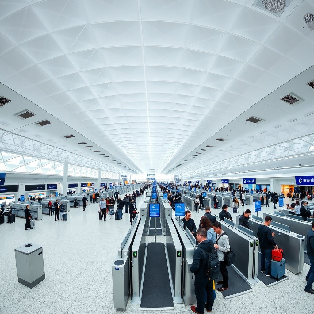 Travelers navigating the unique ist departure process at Istanbul Airport, passing through a mandatory early security checkpoint before reaching check-in counters in a modern terminal hall.