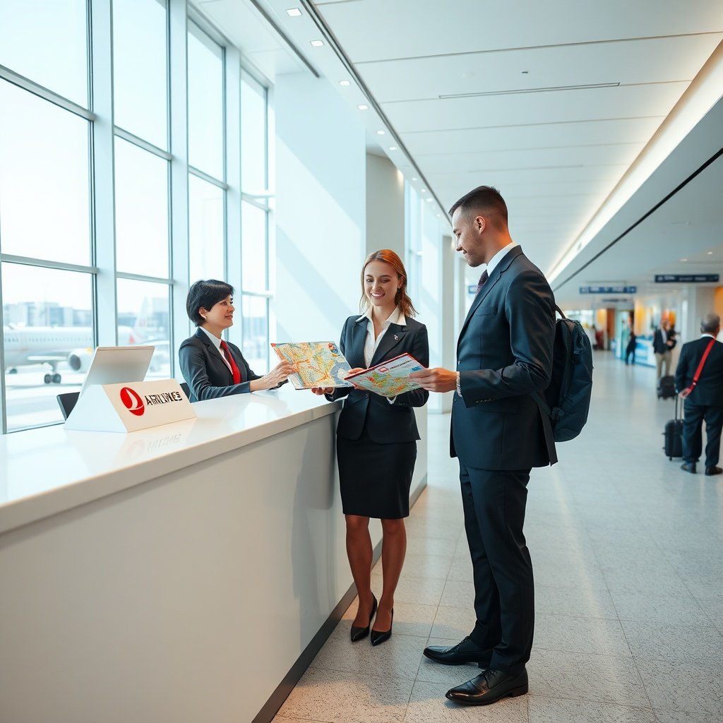 Passenger receiving a free Istanbul transit tour pass at the airport desk, showcasing the convenient booking process for Turkish Airlines layover excursions