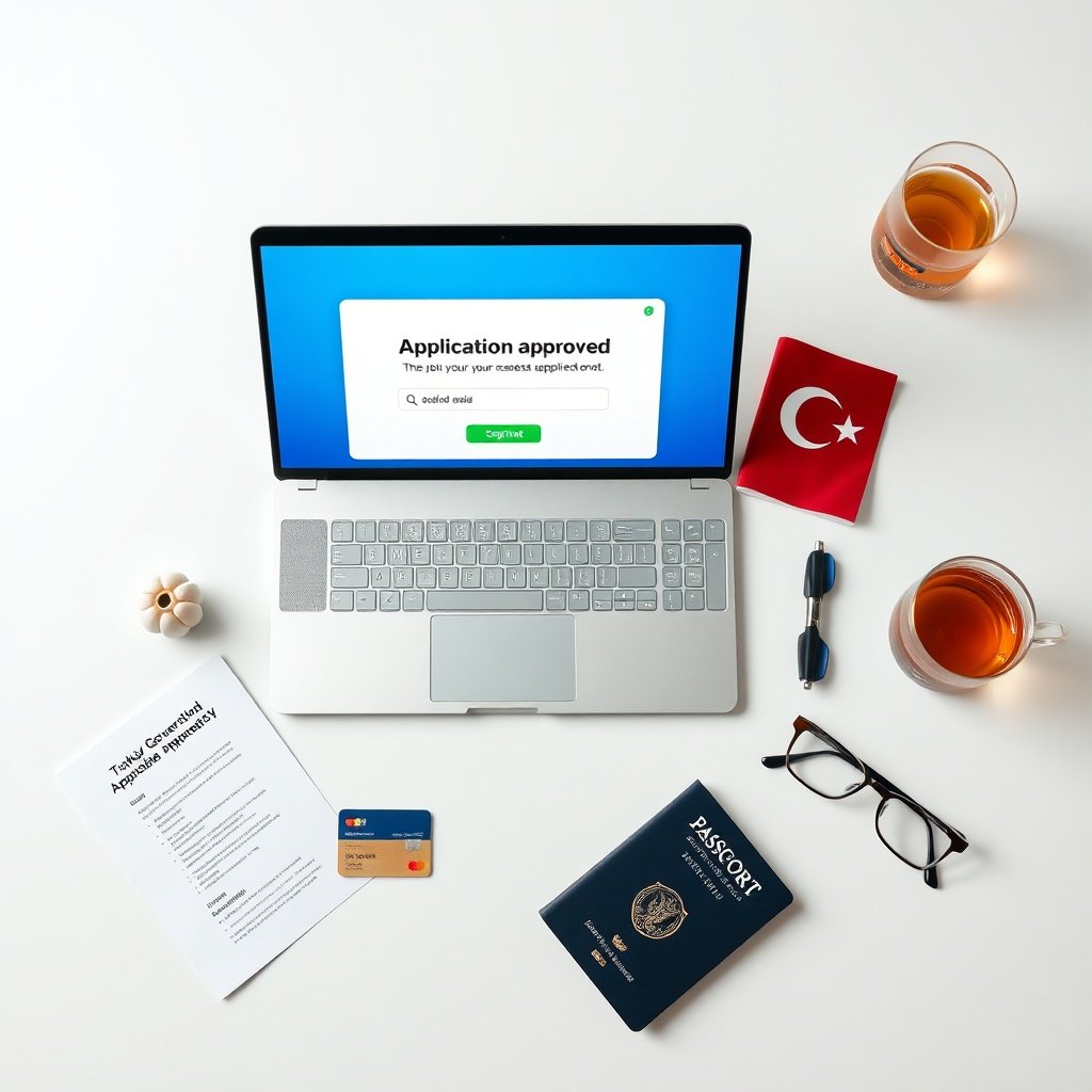 Laptop showing approved Turkey e-visa status alongside passport and credit card, highlighting the convenient and official online application process for eligible nationalities.