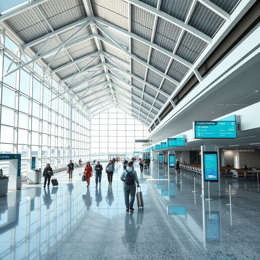 Modern interior view of the Istanbul Airport new terminal expansion featuring streamlined check-in zones, enhanced transfer facilities, and upgraded passenger amenities