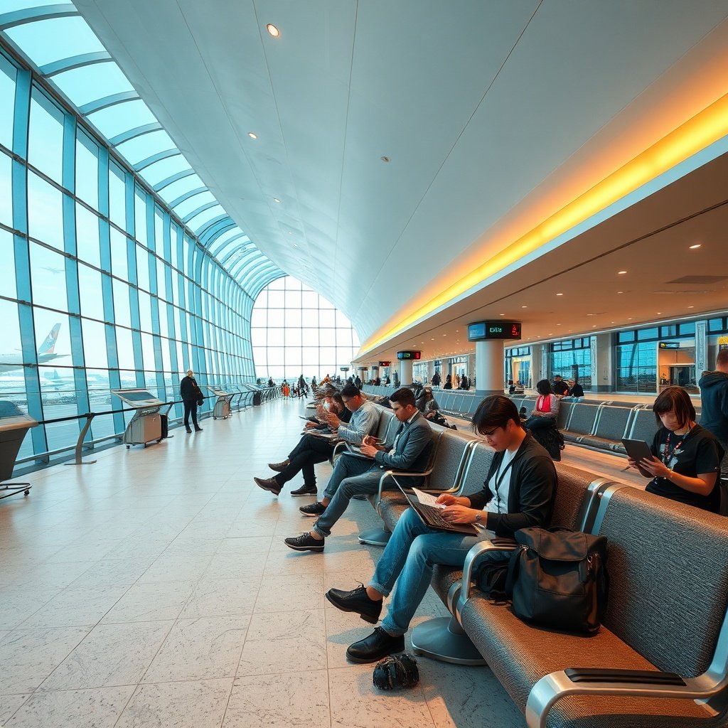 Passengers enjoy reliable Istanbul Airport free WiFi throughout the spacious main concourse, demonstrating how the complimentary network supports travelers during layovers and transit.