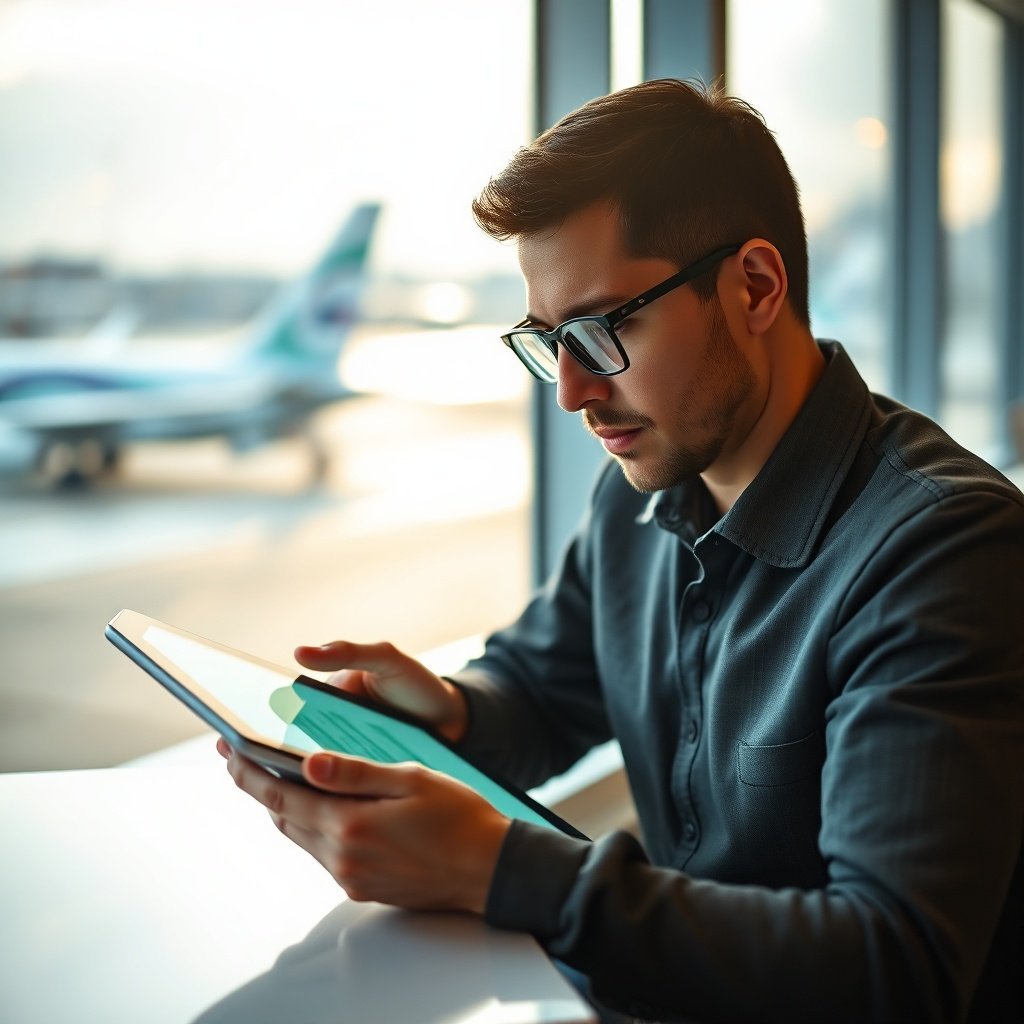 A passenger reviewing an official portal on a tablet illustrates how to fulfill istanbul airport e-visa requirements through the authorized digital application system.