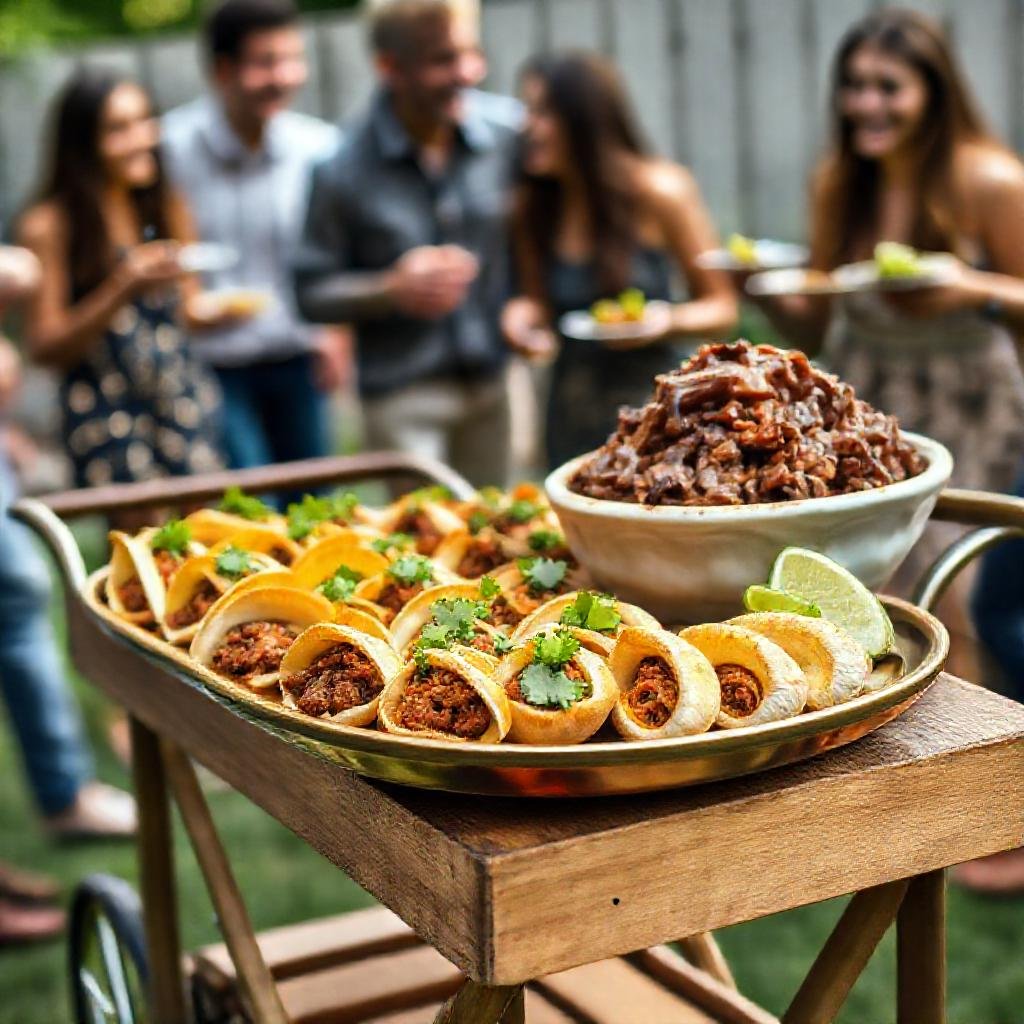 A bustling backyard scene centered around the gang food, where portable platters and shared bites encourage friends to mingle and enjoy a stress-free feast.