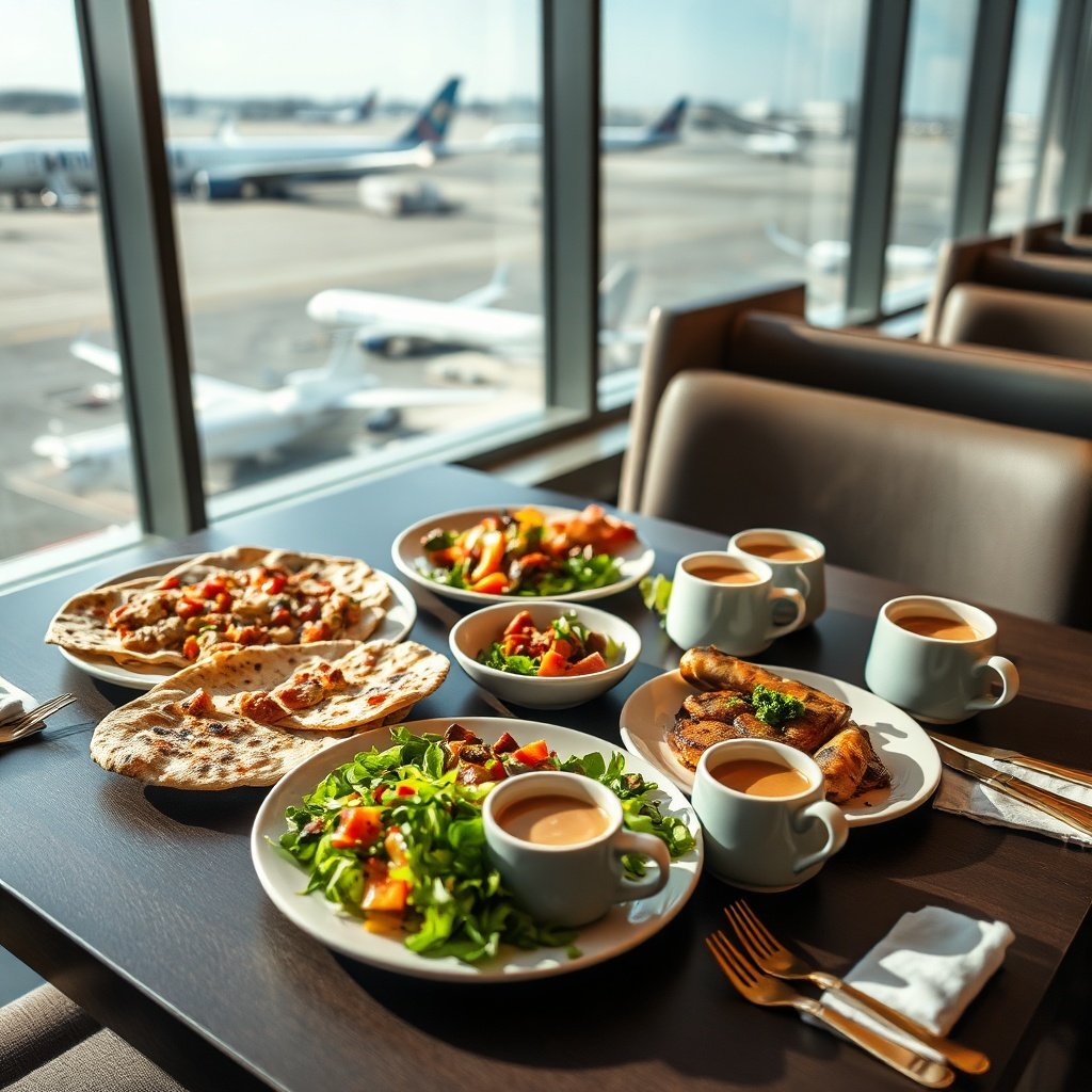 A warmly lit airport dining setup featuring Turkish and Mediterranean dishes near the gang food istanbul airport, ideal for pre-flight meals and layover culinary experiences in Istanbul terminals