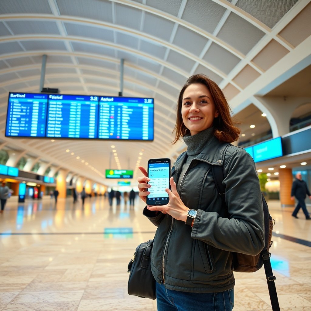 A passenger verifying real-time flight updates on a mobile device while preparing for ist airport departures in the bright main terminal concourse.