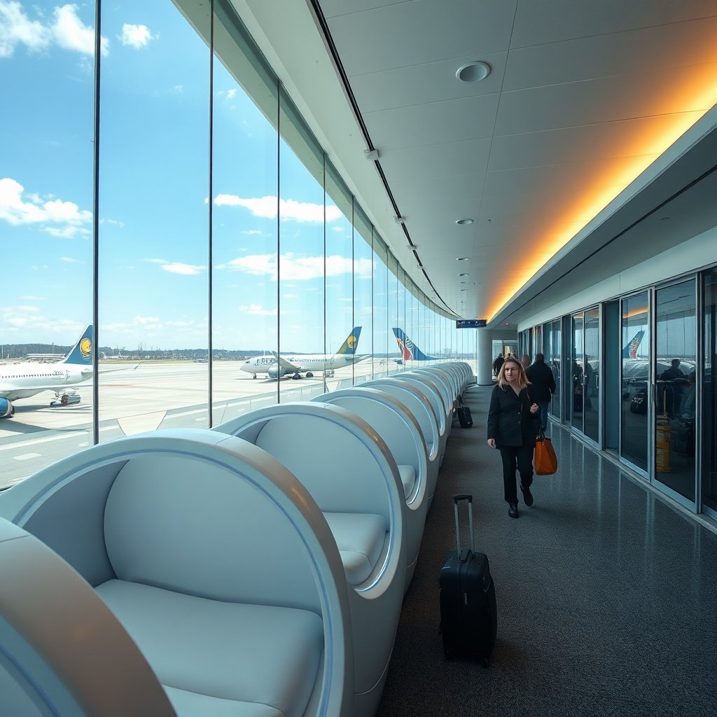 Row of istanbul airport sleeping pods situated in a quiet airside transit corridor, providing travelers with a private and comfortable resting space during long layovers.