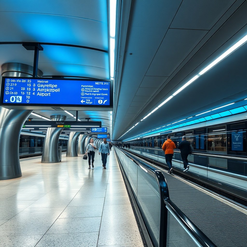 Bright, modern platform of the m11 metro istanbul at Gayrettepe station, featuring digital timetables and clear directional signage for Istanbul Airport transit.