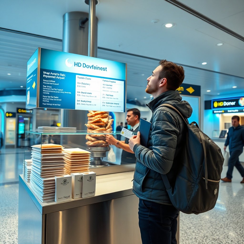 Traveler checking the HD Döner Istanbul Airport menu board while ordering a quick Turkish kebab for a flight connection