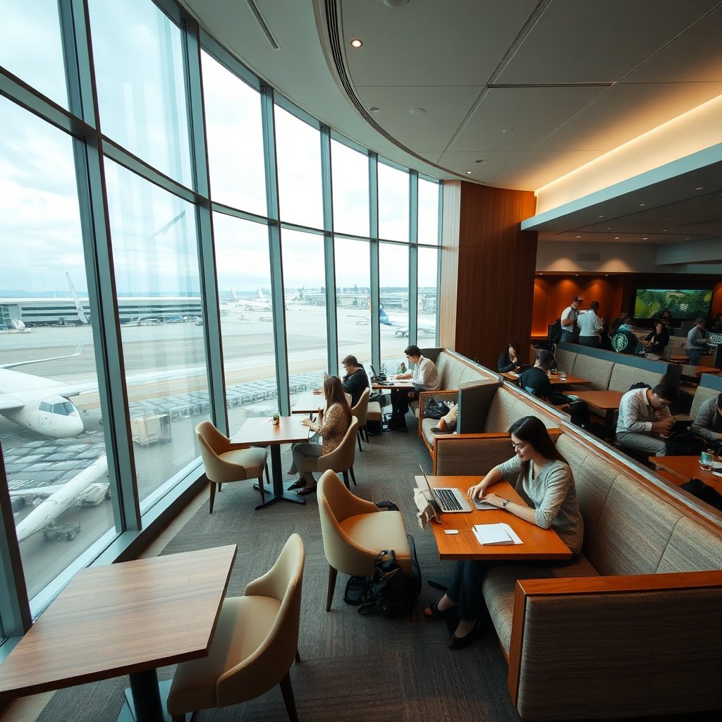 Travelers relax and work at the starbucks istanbul airport, enjoying coffee in a comfortable seating area with views of the busy airport terminal beyond large windows.