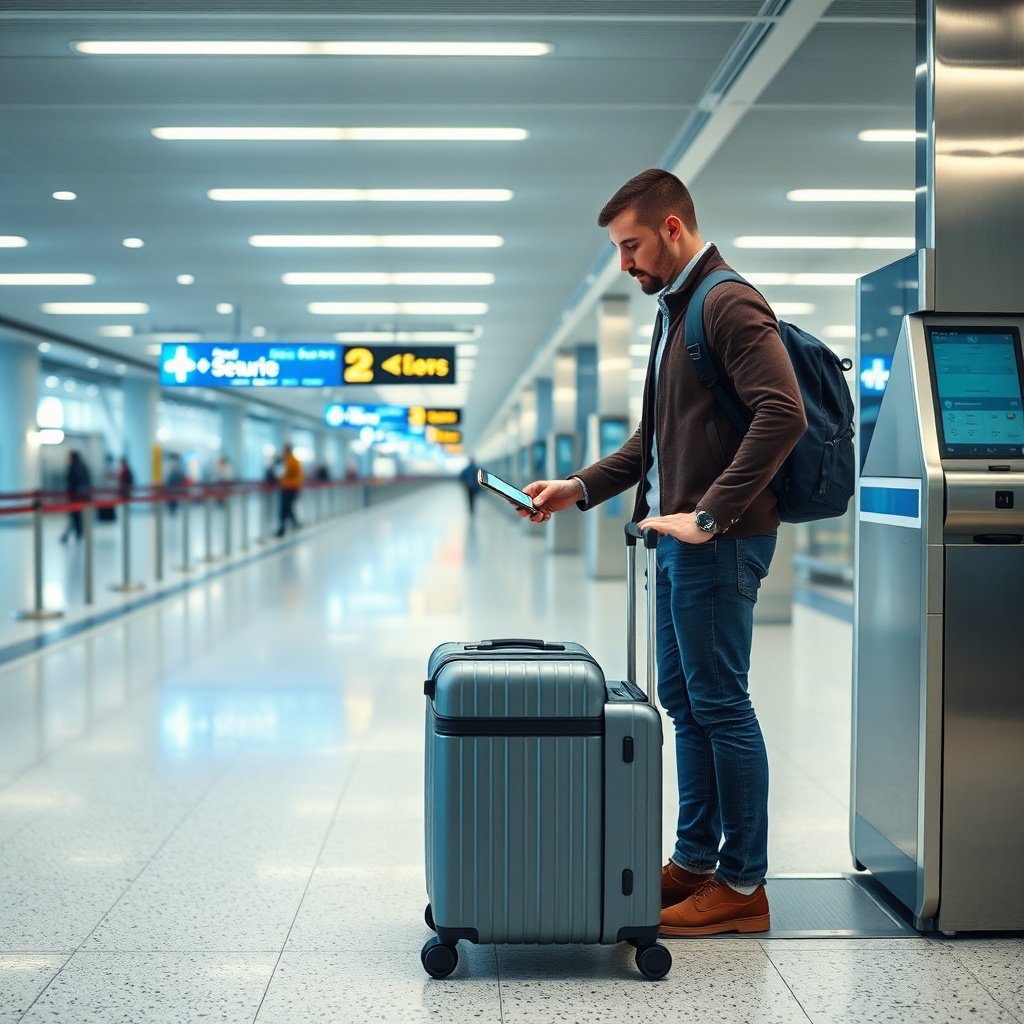 A modern self-service kiosk and mobile boarding pass setup that simplifies the istanbul airport check in information process, allowing passengers to bypass traditional queues before proceeding to dedicated baggage drop areas.