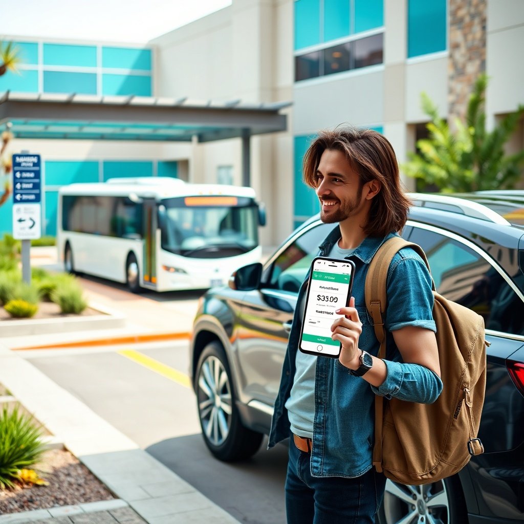 Traveler using a mobile app to reserve affordable istanbul airport parking while a dedicated shuttle bus waits at an off-site lot transfer point.
